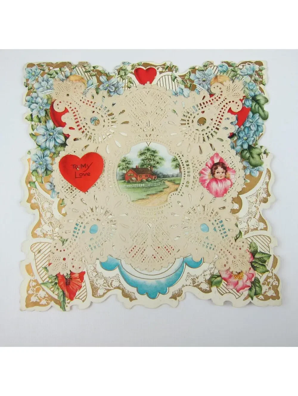 Antique Valentine Die cut Farm House Trees Flowers Gold Embossed Boy Girl Canoe